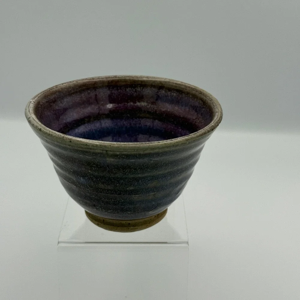 Handmade Studio Pottery Bowl Cup Set Purple Blue Drip Glaze Ceramic Wabi Sabi